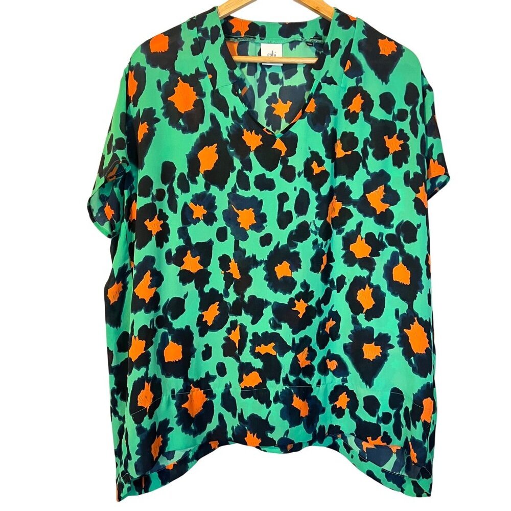 Cabi Rita Leopard Print Green & Orange Short Sleeve Blouse S Artsy Art to Wear‎